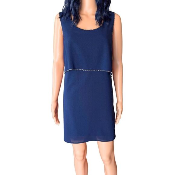 Charming Charlie Navy Blue Beaded Trim Cocktail Mini Sheath Dress Size Large NWT - Picture 2 of 7